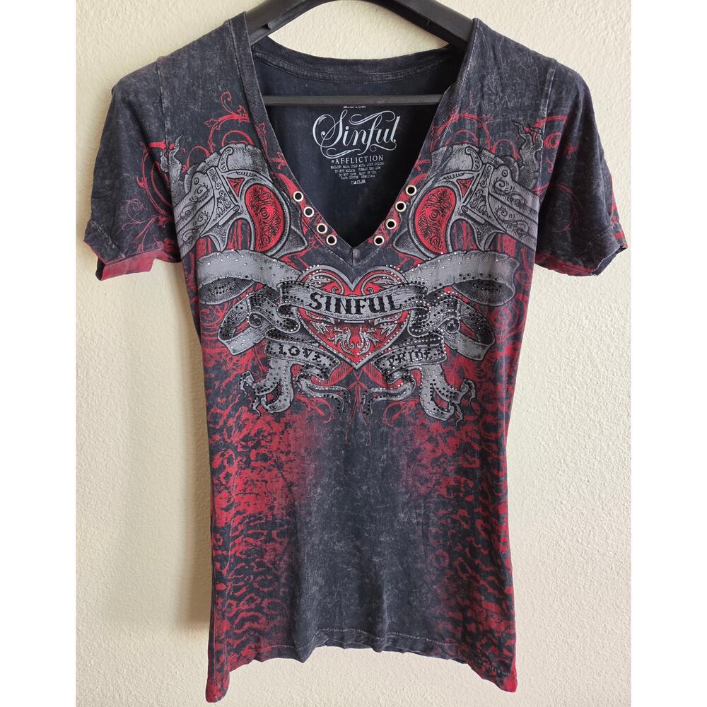 Sinful by Affliction Love Pride Rhinestone V-Neck Tee